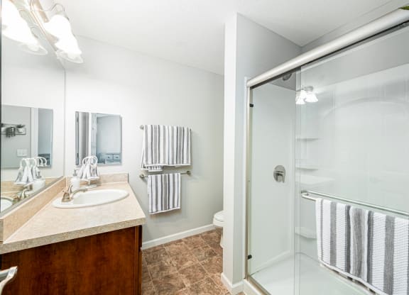 a bathroom with a shower and a sink and a mirror