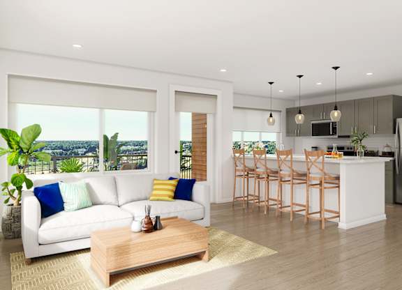 A modern living room with a view of the city.