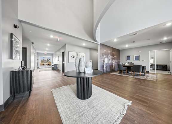 A modern living room with a black and white rug in the center.