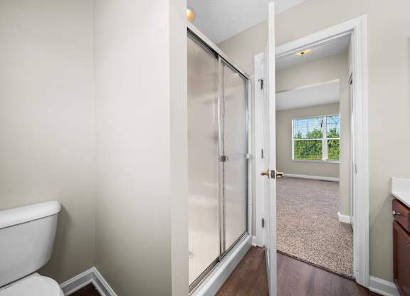 A bathroom with a toilet and a walk-in shower.