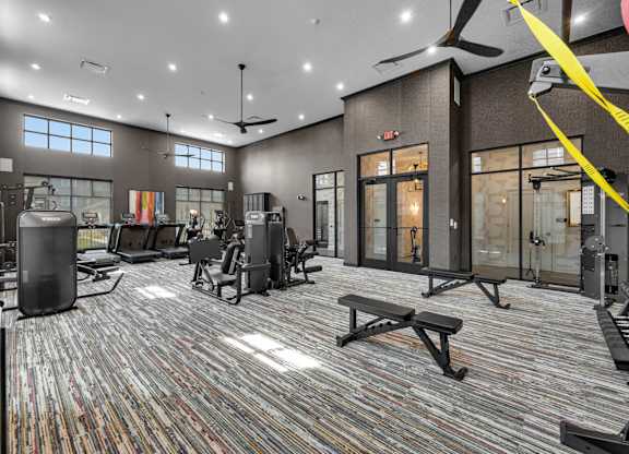 A gym with a variety of equipment including treadmills, weights, and a bench press.