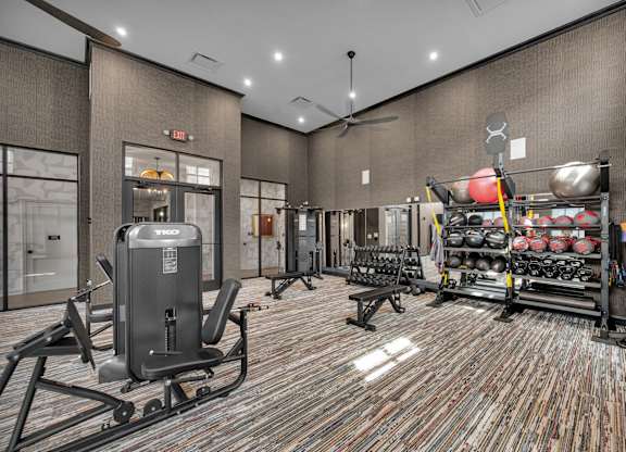 A gym with a variety of equipment including a treadmill, weights, and a bench press.