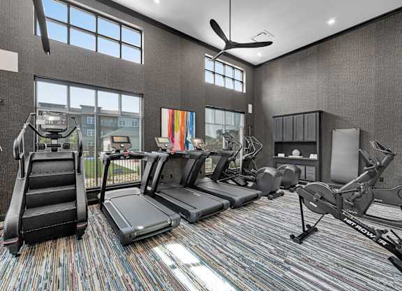 A gym with treadmills, elliptical machines, and a fan.