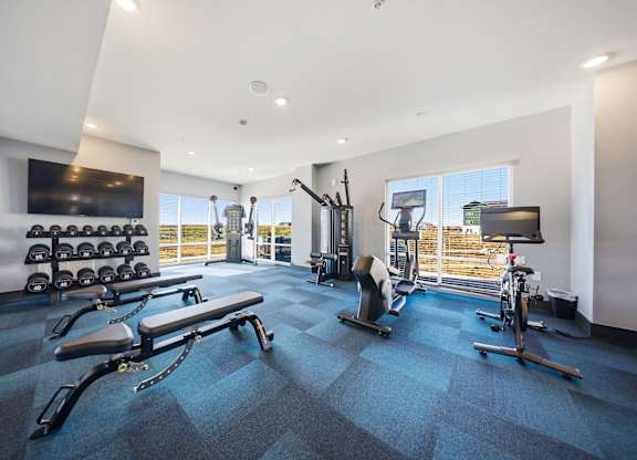 A gym with a variety of equipment including weights, a bench, and a treadmill.