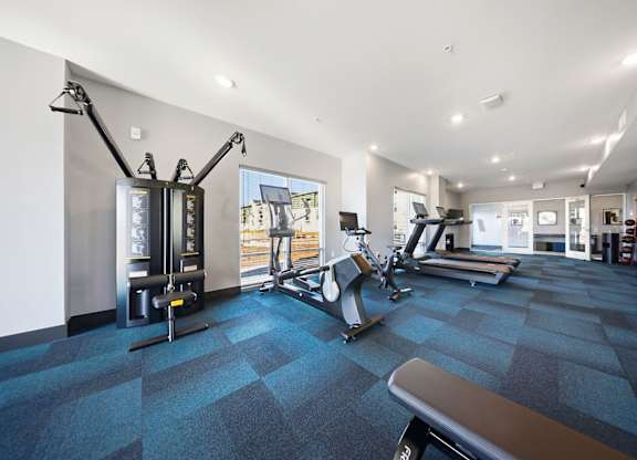 A gym with a variety of equipment including a treadmill, weights, and a bench.