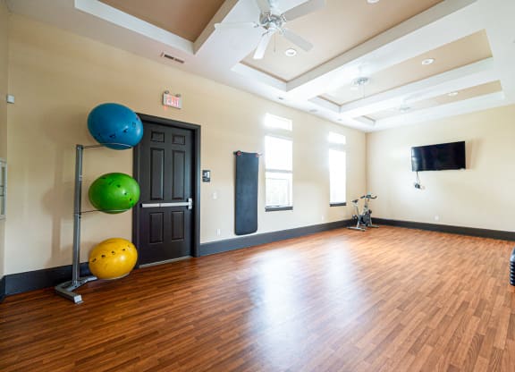 a large room with a wood floor and a ceiling fan and a door with spheres