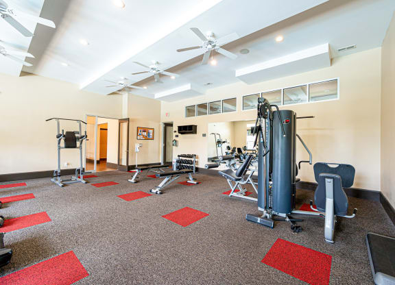 a gym with weights and cardio equipment on the floor and a ceiling fan
