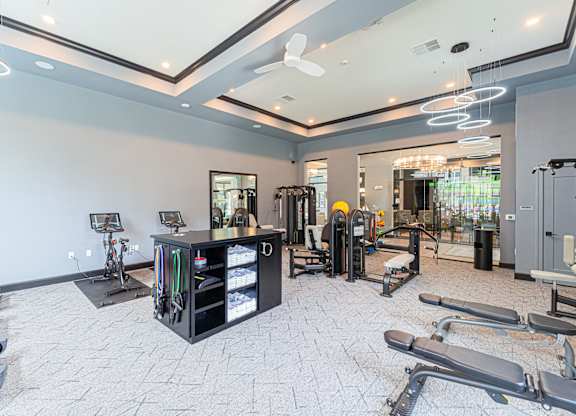 A gym with a variety of equipment including treadmills, weights, and a fan.
