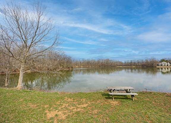 A picnic table sits on a grassy hill overlooking a lake.