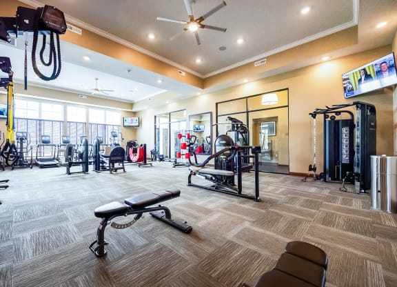 a gym with a lot of equipment and a large window