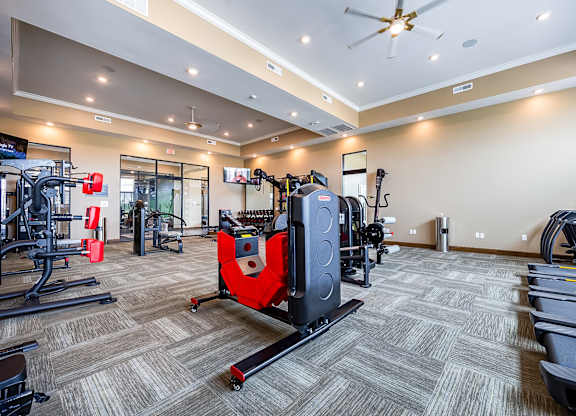 A gym with a variety of equipment including treadmills, weights, and a rowing machine.
