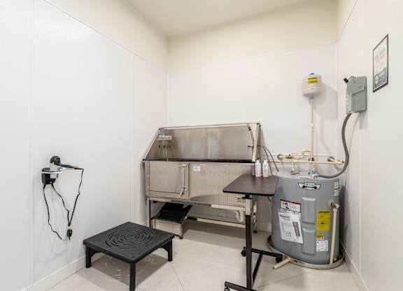 A room with a table and a machine on it.