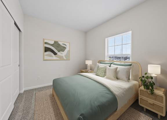 A bedroom with a bed, nightstands, and a painting on the wall.