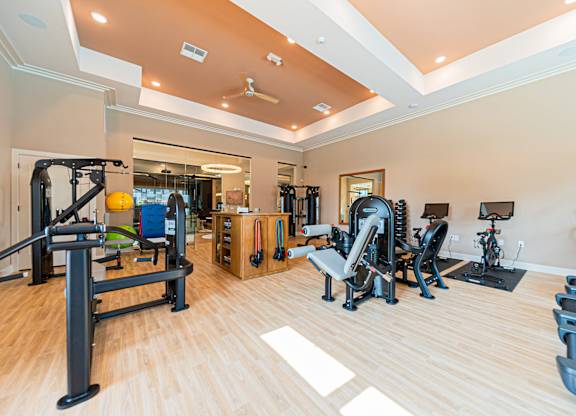 A spacious gym with a variety of equipment.