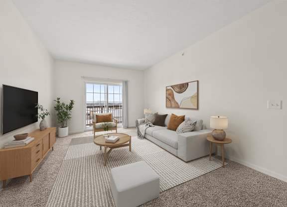 A living room with a grey couch, a wooden coffee table, and a flat screen TV mounted on the wall.