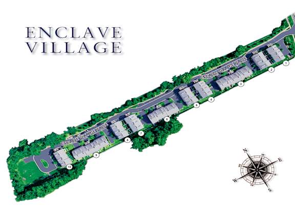 A map of Enclave Village with a compass rose in the corner.
