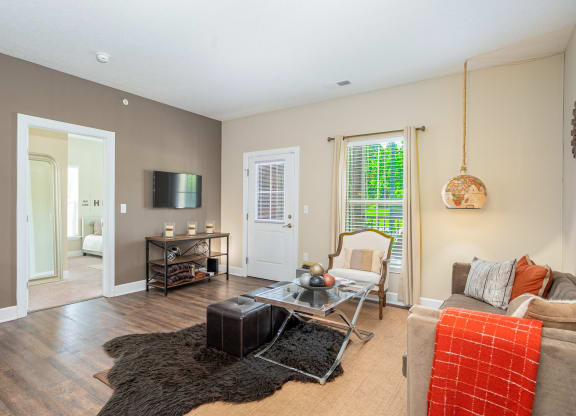 a living room with a couch and a television