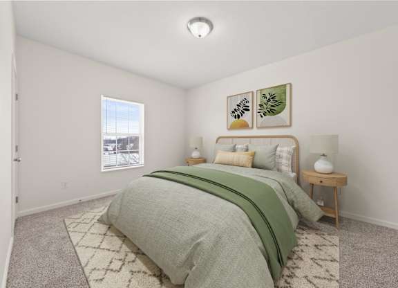 A bedroom with a large bed and a window.