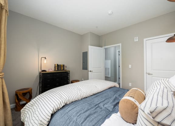 a bedroom with a bed and a dresser and a closet