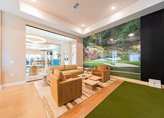 A living room with a couch and a green artificial grass area.