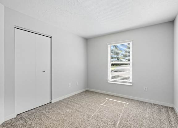A room with a carpeted floor, a window with blinds, and a white door.