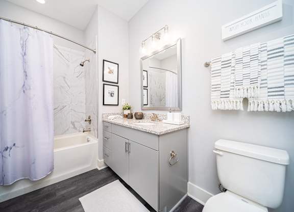 a bathroom with a shower and a toilet and a sink