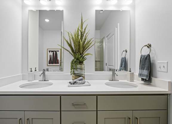 A bathroom with two sinks and a mirror.