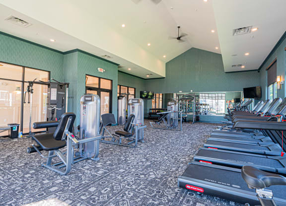 a gym with cardio equipment and weights on the floor