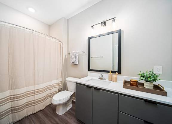 A bathroom with a toilet, sink, and shower.