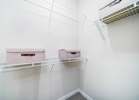 Two pink boxes are sitting on top of two shelves.
