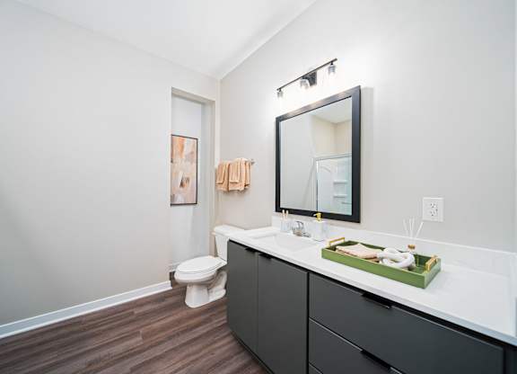 A bathroom with a toilet, sink, and mirror.
