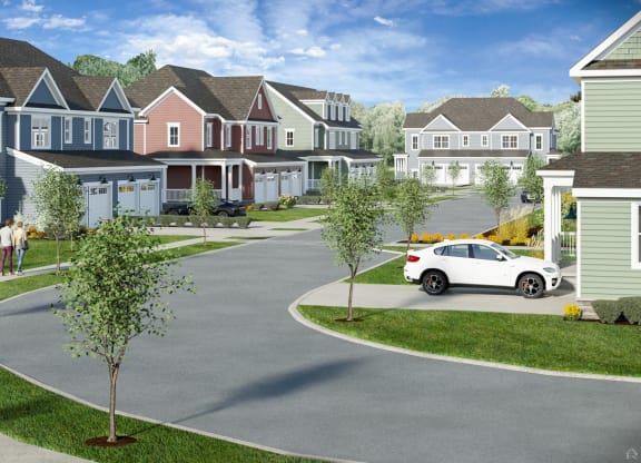 a rendering of the neighborhood with a car driving down a street