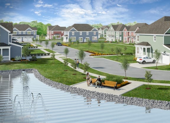 a rendering of a row of houses next to a body of water