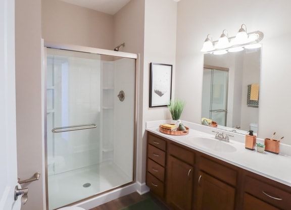a bathroom with a shower and a sink and a mirror