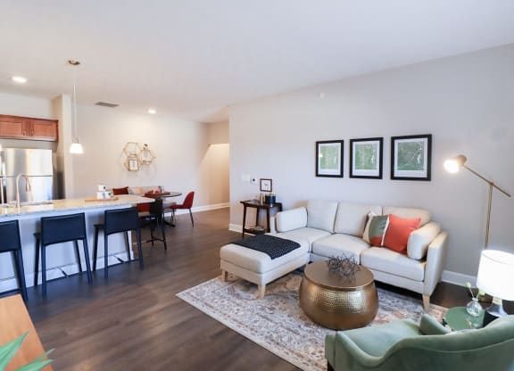 a living room with a couch and a table