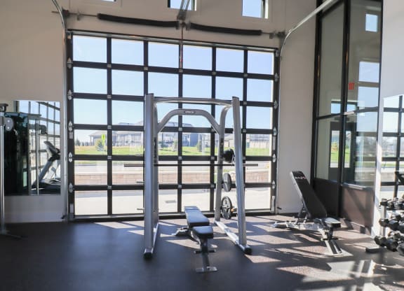 a gym with a large window and weights and cardio equipment