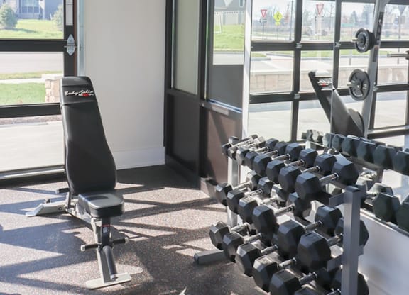 a gym with a row of weights on the floor