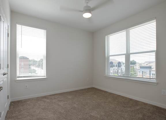 A room with a carpet floor, a ceiling fan, and two windows with blinds.