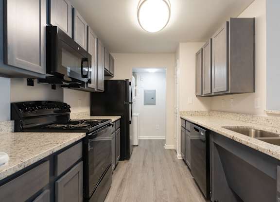 A kitchen with black appliances and cabinets.