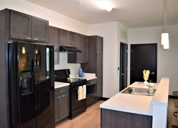 A kitchen with black appliances and wooden cabinets.