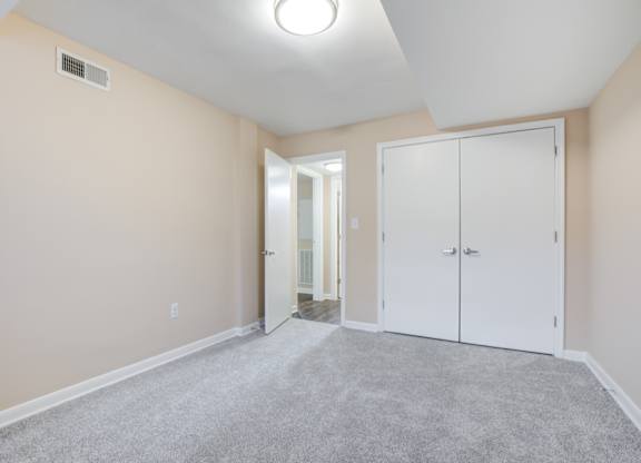 A room with a grey carpet and white cupboard doors.