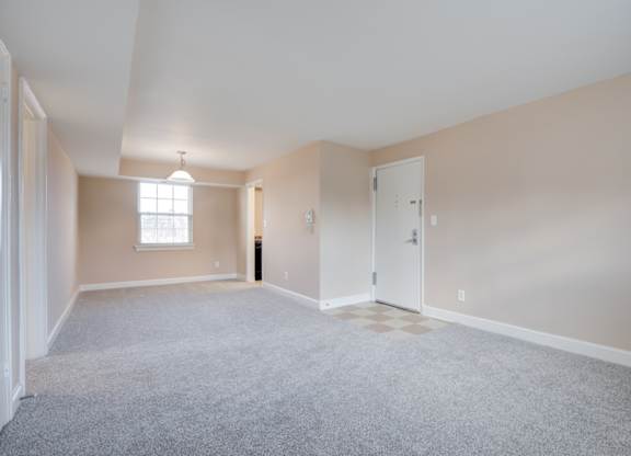 A room with a carpeted floor and a window.