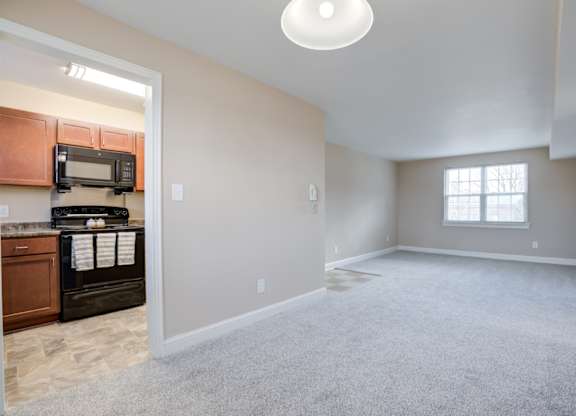 A spacious living room with a carpeted floor and a window.