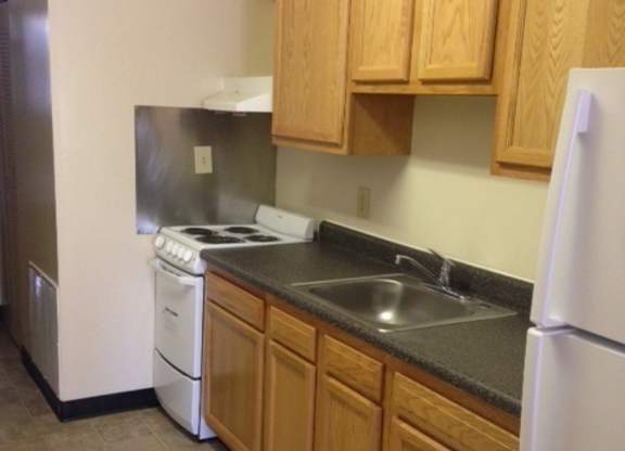 A kitchen with a white refrigerator, a black stove, and a dishwasher.