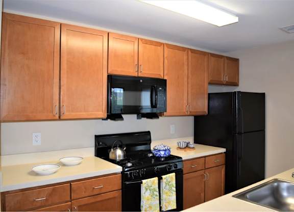A kitchen with black appliances and wooden cabinets.