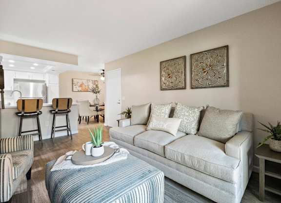 Living Room With Kitchen at The Oaks Apartments, Upland, California