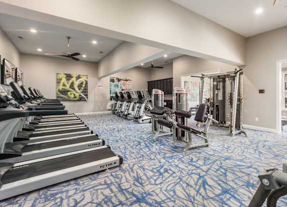 A gym with treadmills, weights, and exercise equipment.