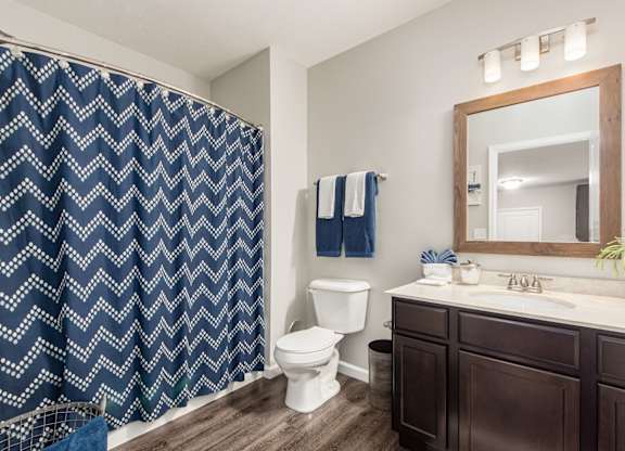 A bathroom with a white toilet, a sink, and a blue and white shower curtain.