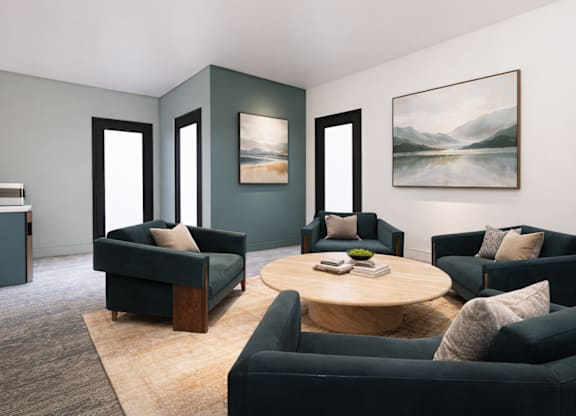 A living room with a dark green couch, a wooden coffee table, and a painting on the wall.