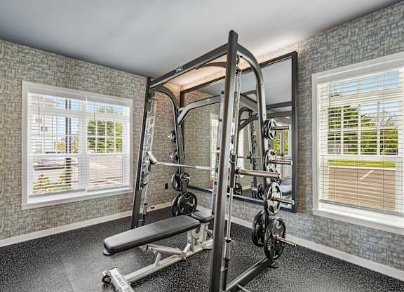 A home gym with a squat rack and weights.